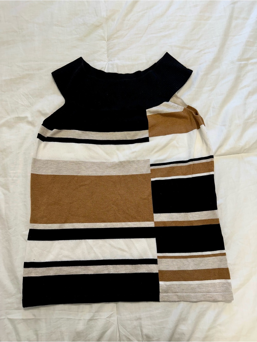 INC International Concepts One-Shoulder Striped Tank in Black, White & Tan